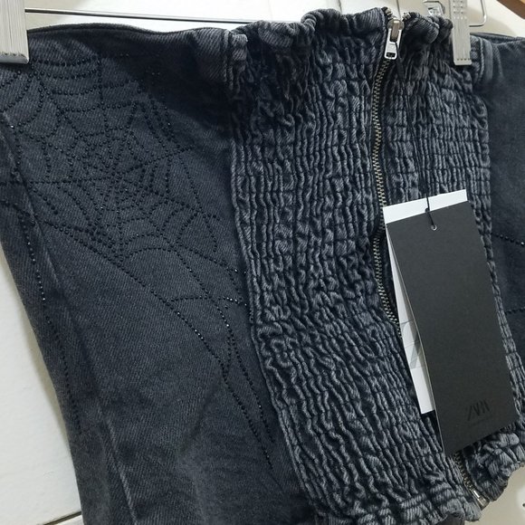 NWT TRF RHINESTONE SPIDERWEB STRAPLESS DENIM TOP - Picture 7 of 7